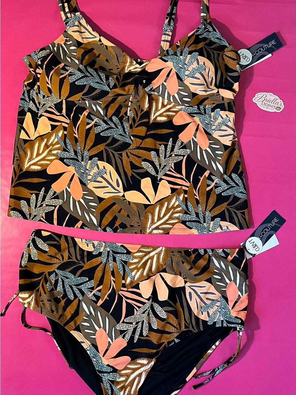 Cute 2X Floral Palm Print Tankini One-Piece Swimsuit new with tags- Black/Multi